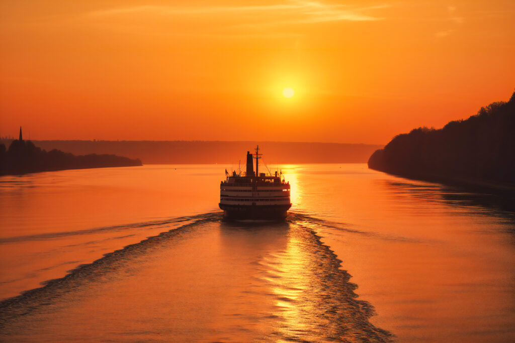 Ferry crossing the sea at sunset